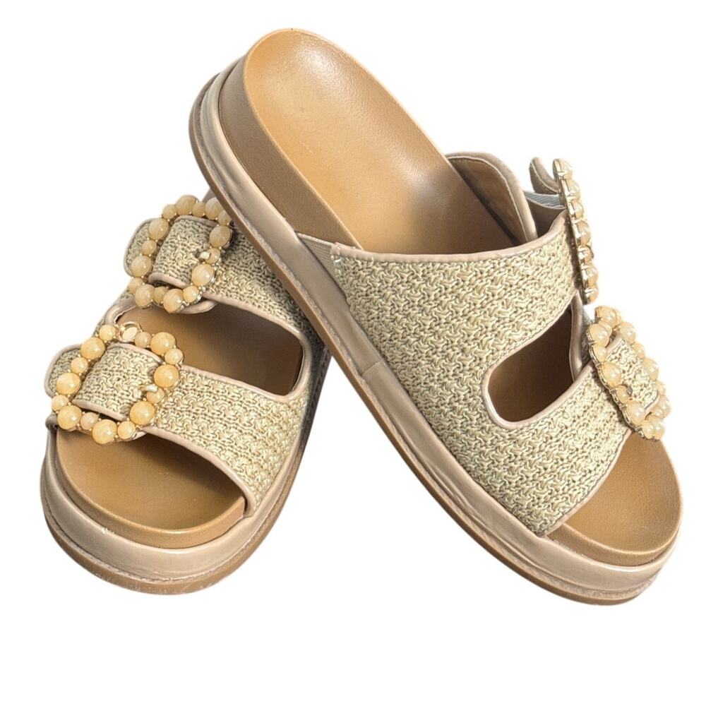 BCBGeneration Beau Platform Woven Texture Slide Sandal in Natural Size 6.5M